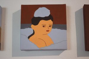 A small square painting of a figure in a bath, with some soap suds on her head.