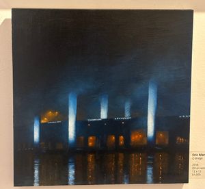 A painting of the Q Bridge at night.