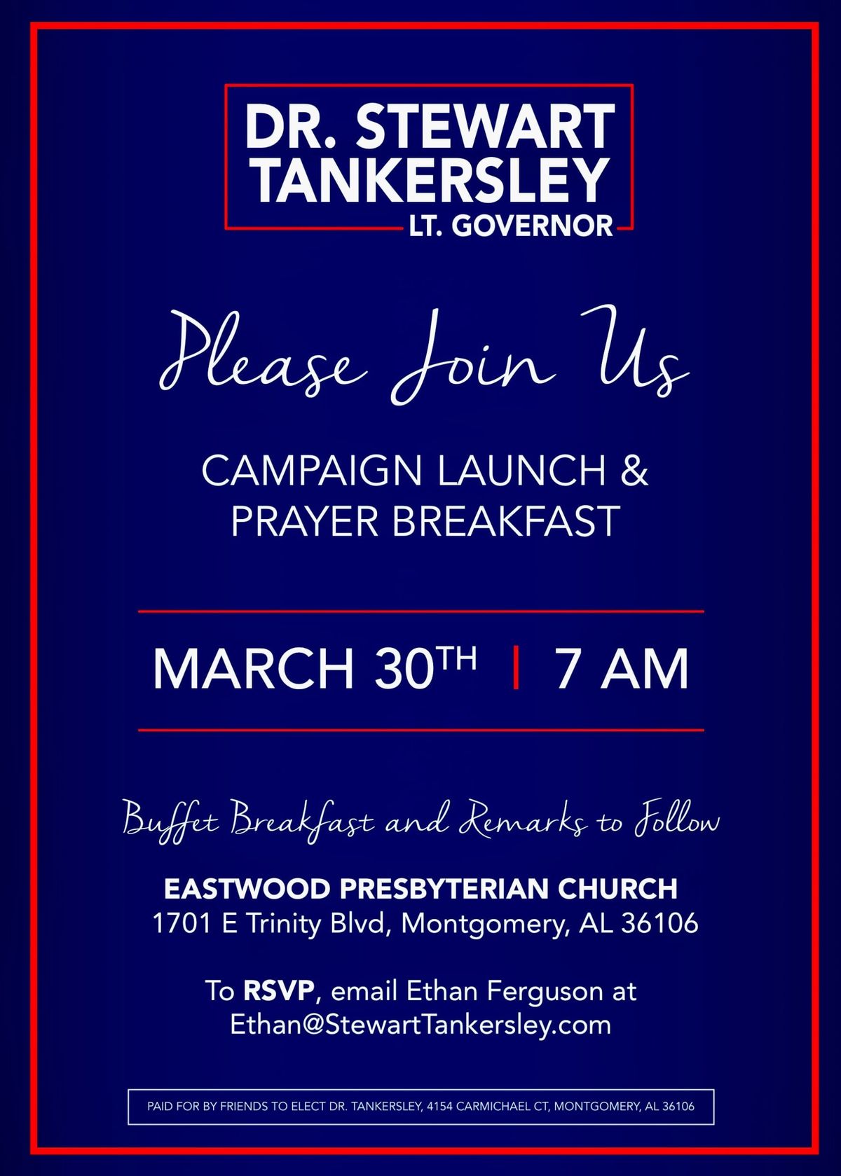Tankersley to Launch Campaign in Montgomery Monday, March 30