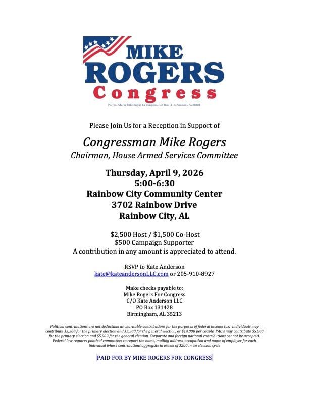 Reception in Support of Congressman Mike Rogers to be Held April 9