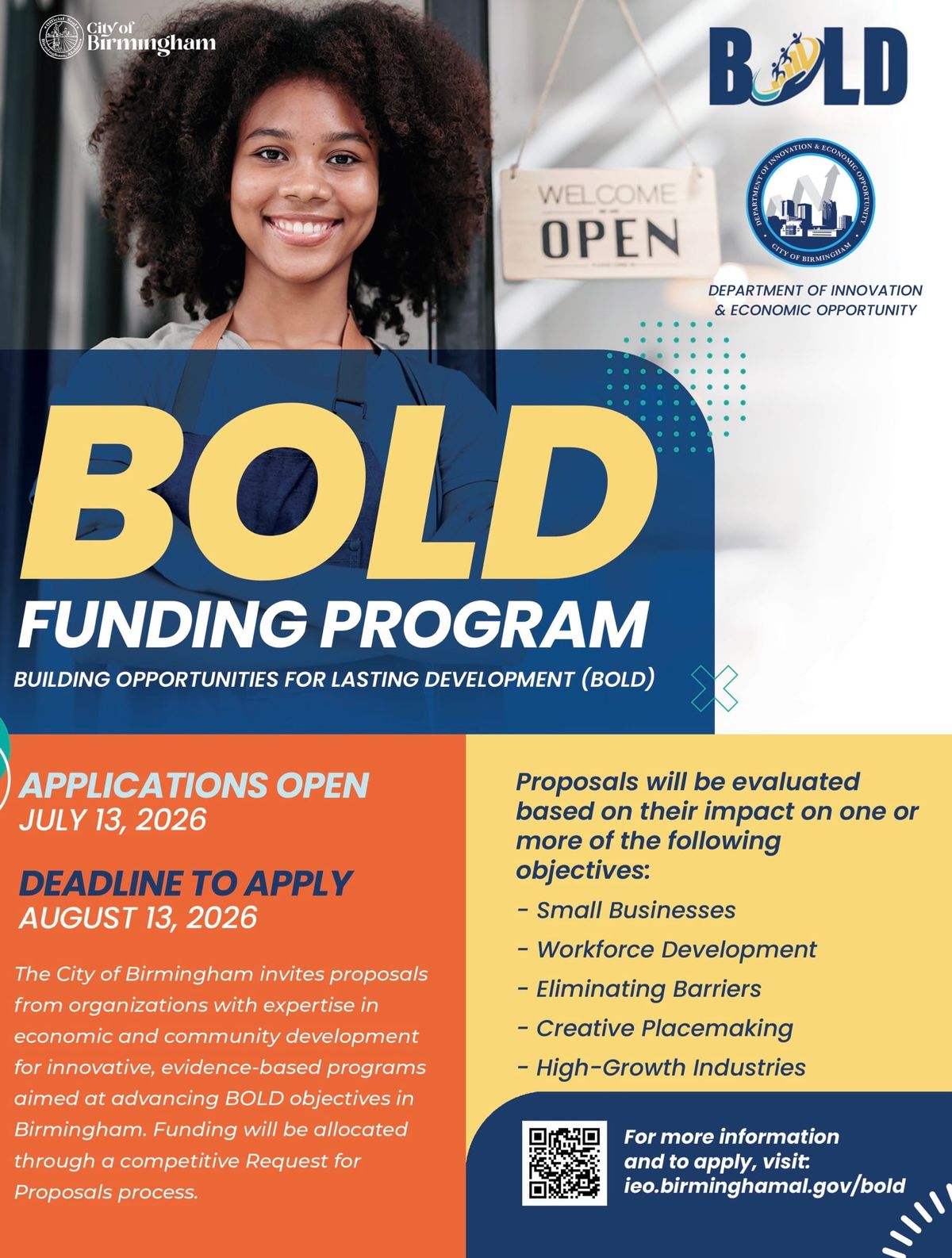 The City of Birmingham announces requests for proposals for BOLD 2027 funding program; to host information session on July 16