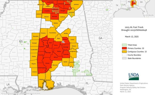 USDA Declares 20 Alabama Counties as Disaster Areas Due to Drought