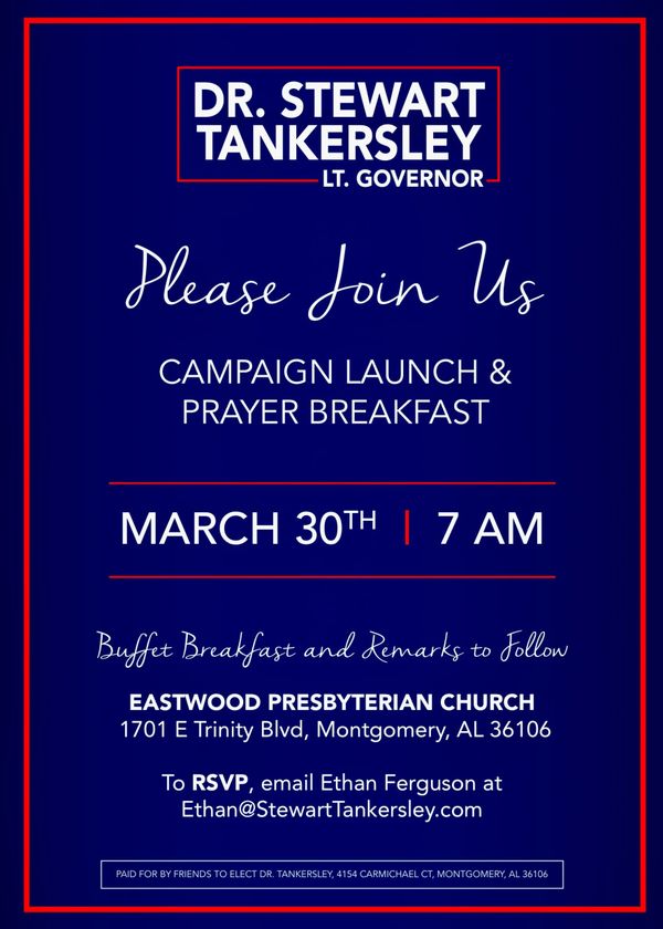 Tankersley to Launch Campaign in Montgomery Monday, March 30