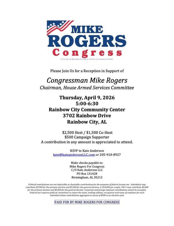 Reception in Support of Congressman Mike Rogers to be Held April 9