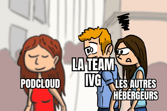 Mème : un homme tagué « la team IVG » regarde d'un œil intéressé une femme taguée « Podcloud », pendant que sa compagne taguée « Les autres hébergeurs » lui lance un regard noir.