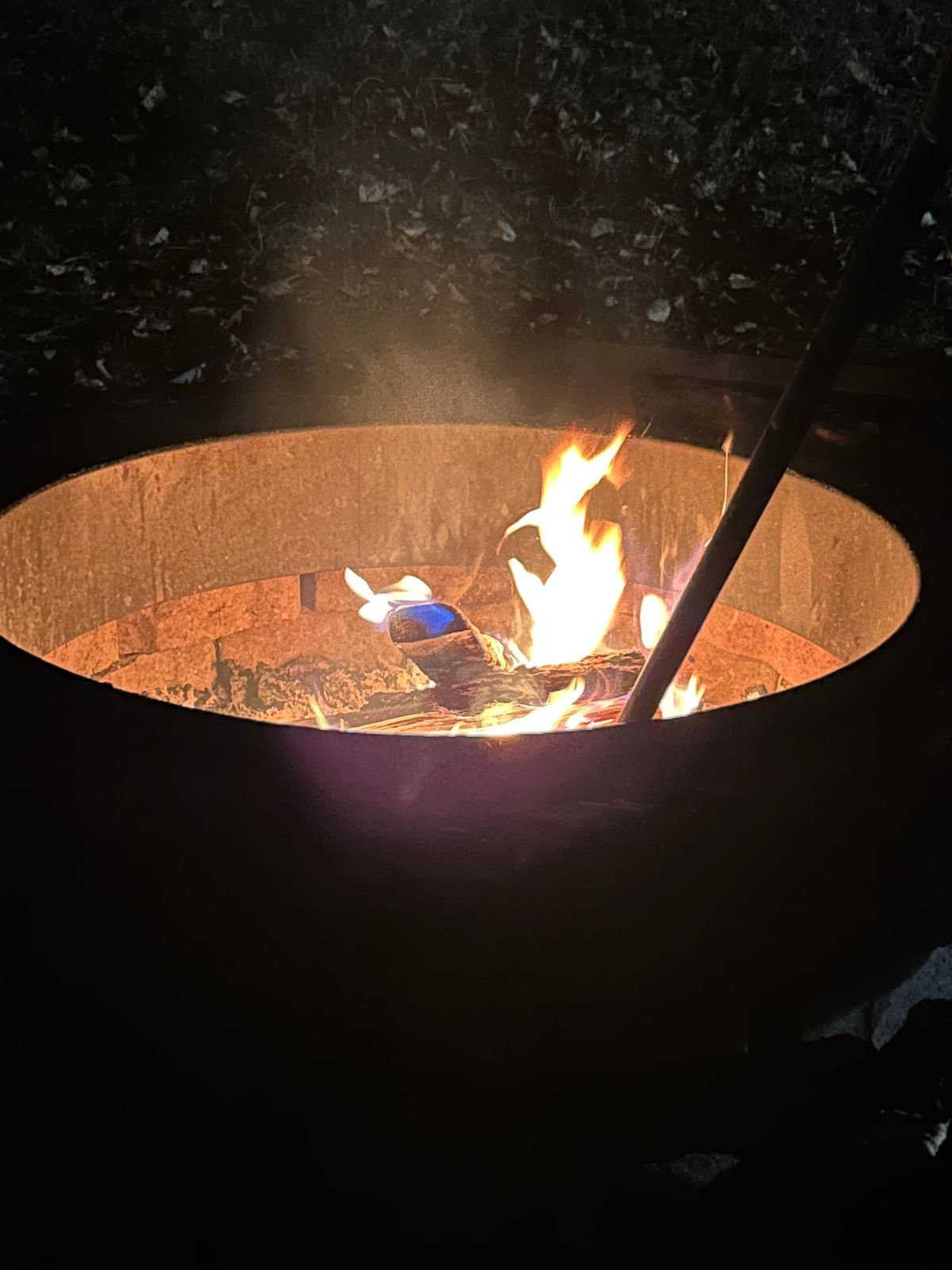 A circular fire pit made of brick, with a contemplative wood fire burning inside.  