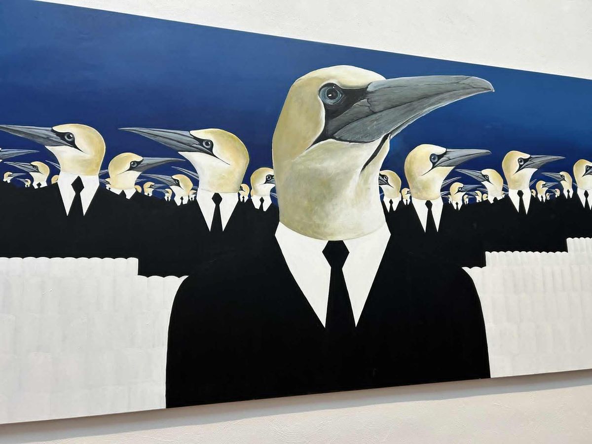 a photo of Edward Fulgø's "Colony". a painting featuring birds dressed in business suits.  