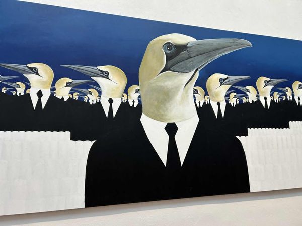 a photo of Edward Fulgø's "Colony". a painting featuring birds dressed in business suits.  