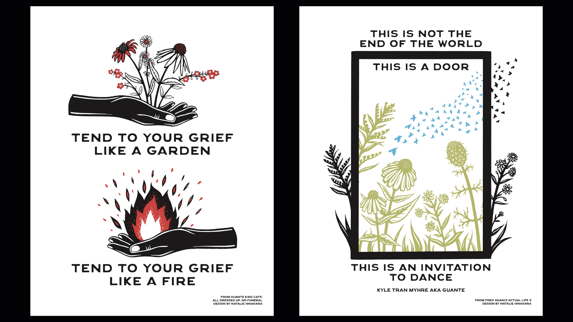 two artistic prints juxtaposing art and lyrics: one on grief and one on possibility