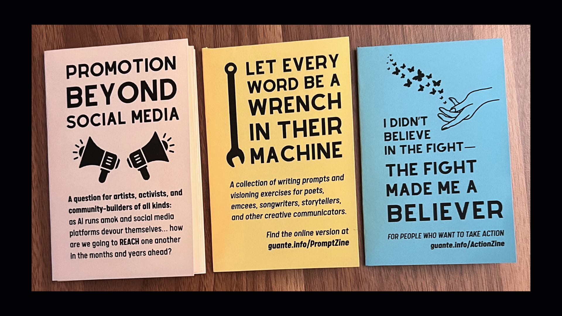 three zines: on promotion, political writing prompts, and activism first steps.