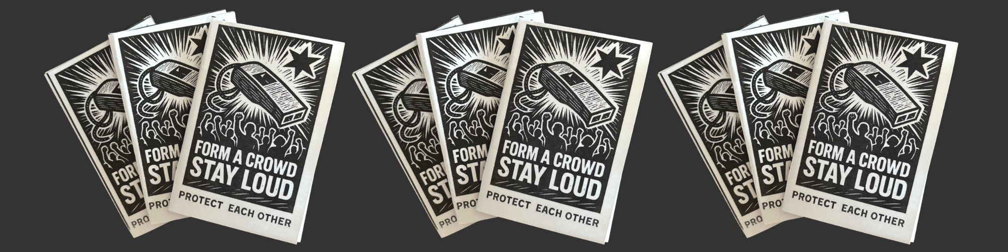 copies of a zine w/ text "form a crowd stay loud; protect each other"