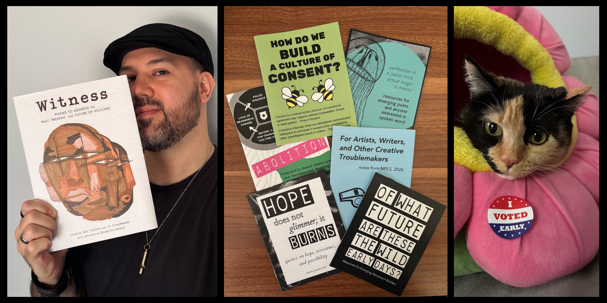 KTM holding up witness anthology, a stack of zines, a cat