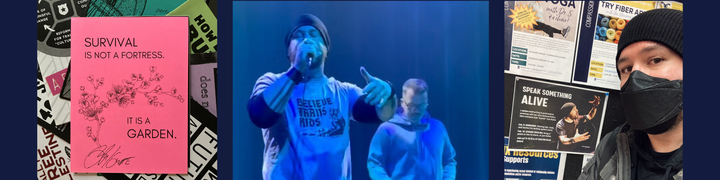 a collage of images including KTM/Guante performing in a shirt reading "believe trans kids"