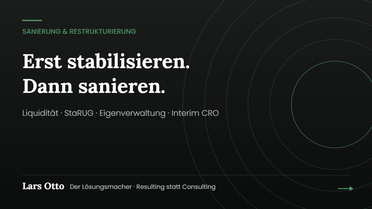 Titelgrafik Sanierung und Restrukturierung in Schwarz, Weiß und Grün