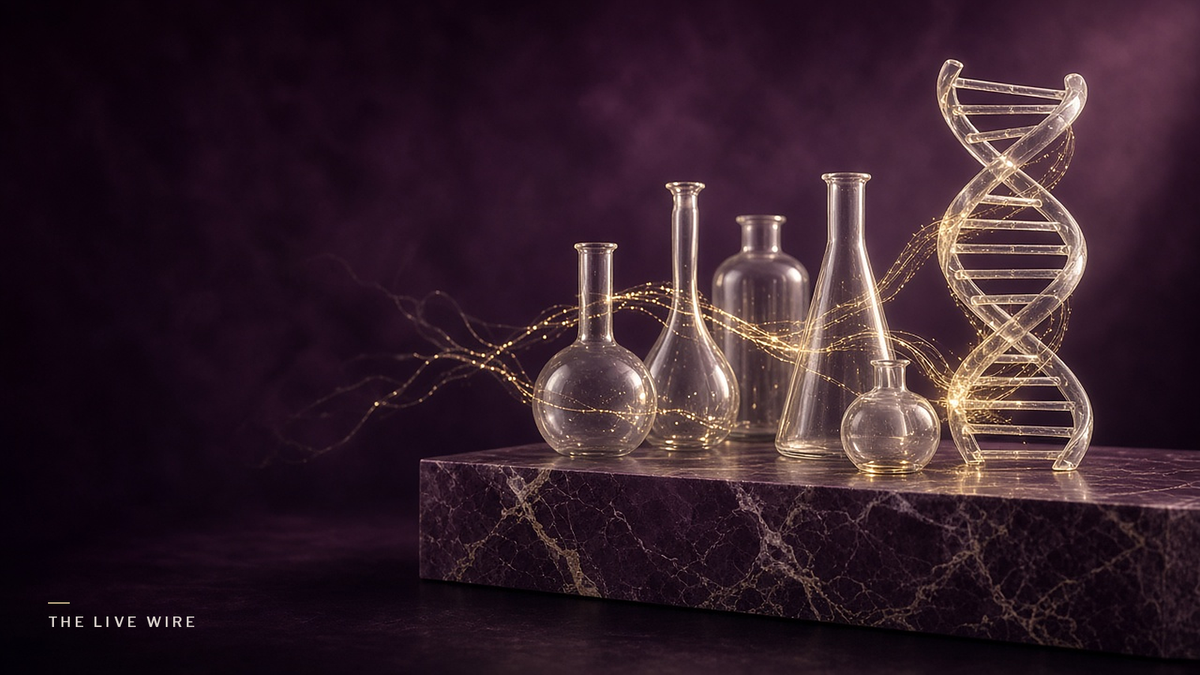 Glass laboratory flasks and a clear glass double helix on a plum marble block, linked by threads of gold light.