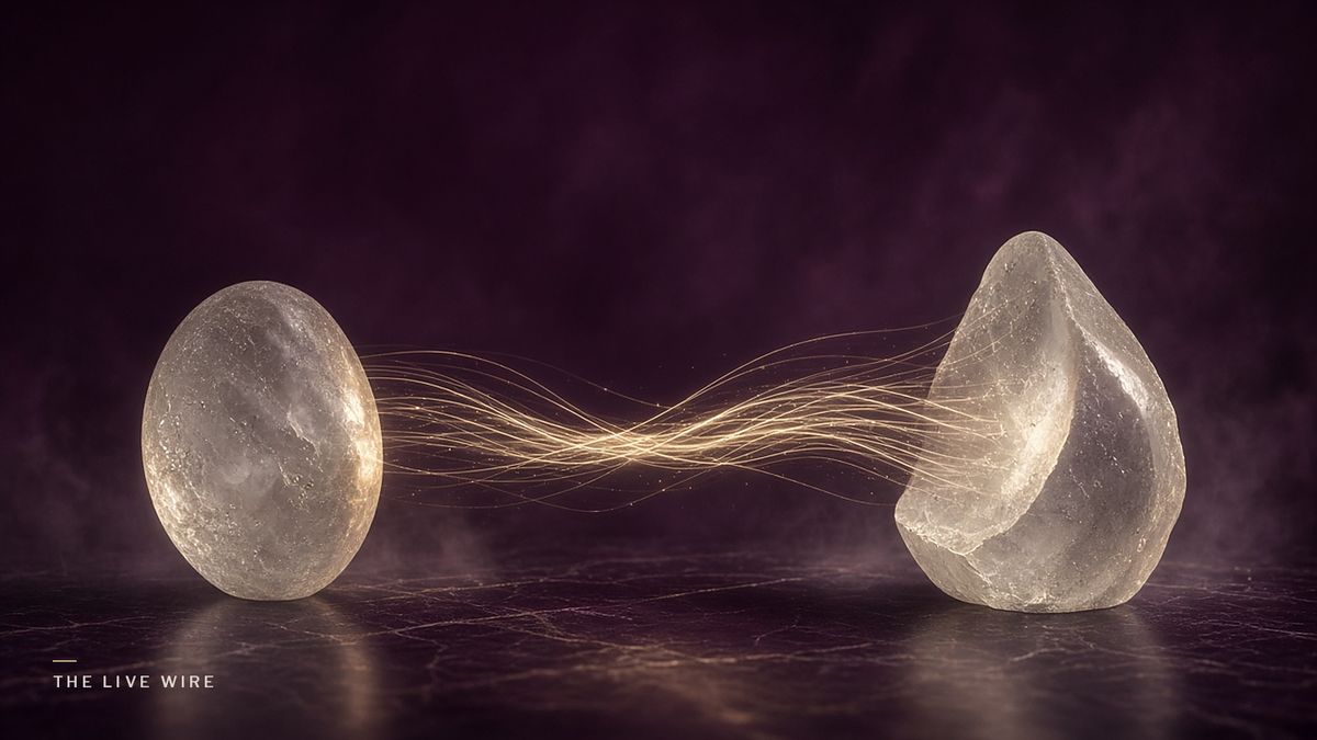 Two frosted glass stones face each other in a dark plum room, joined by many fine ribbons of gold light that braid together between them.