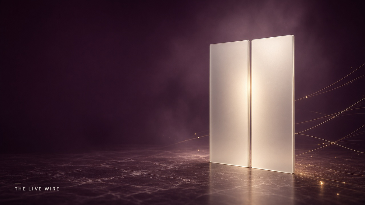 Two tall glowing glass panels stand side by side on plum stone, joined along one edge by a thin line of gold light.