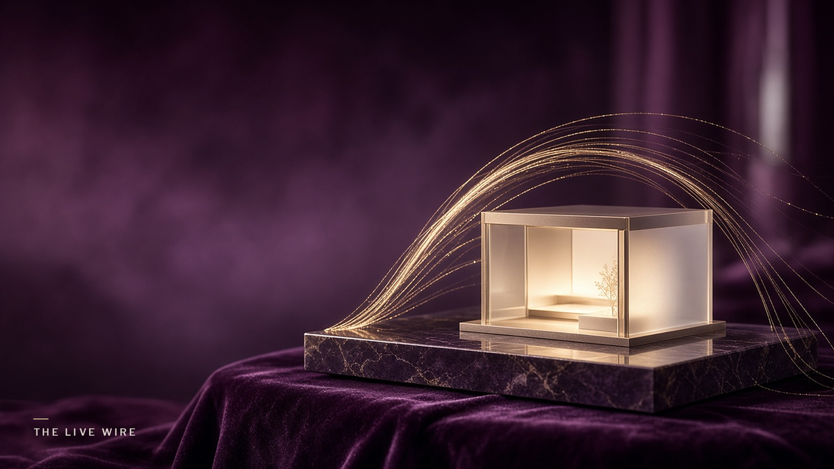 A small glass model of a home, lit warmly inside, sits on plum stone and velvet under an arc of gold light strands.