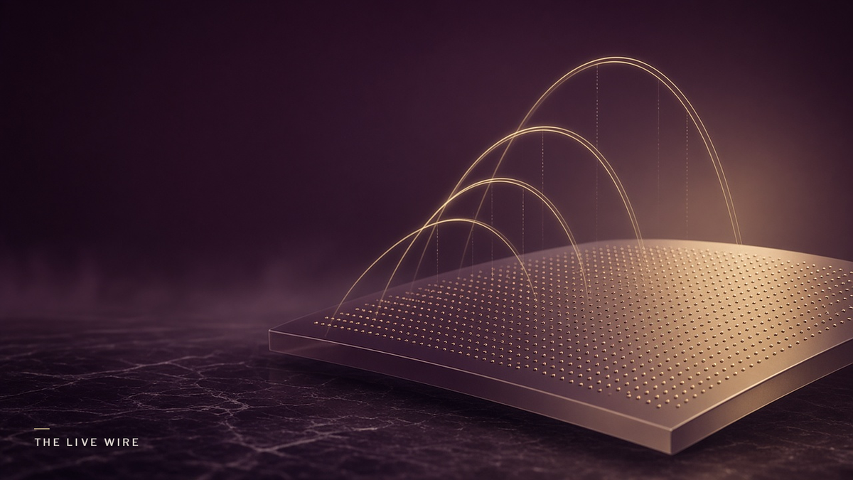 A curved tinted glass slab covered in raised gold dots, with glowing curved lines like math graphs arching above it.