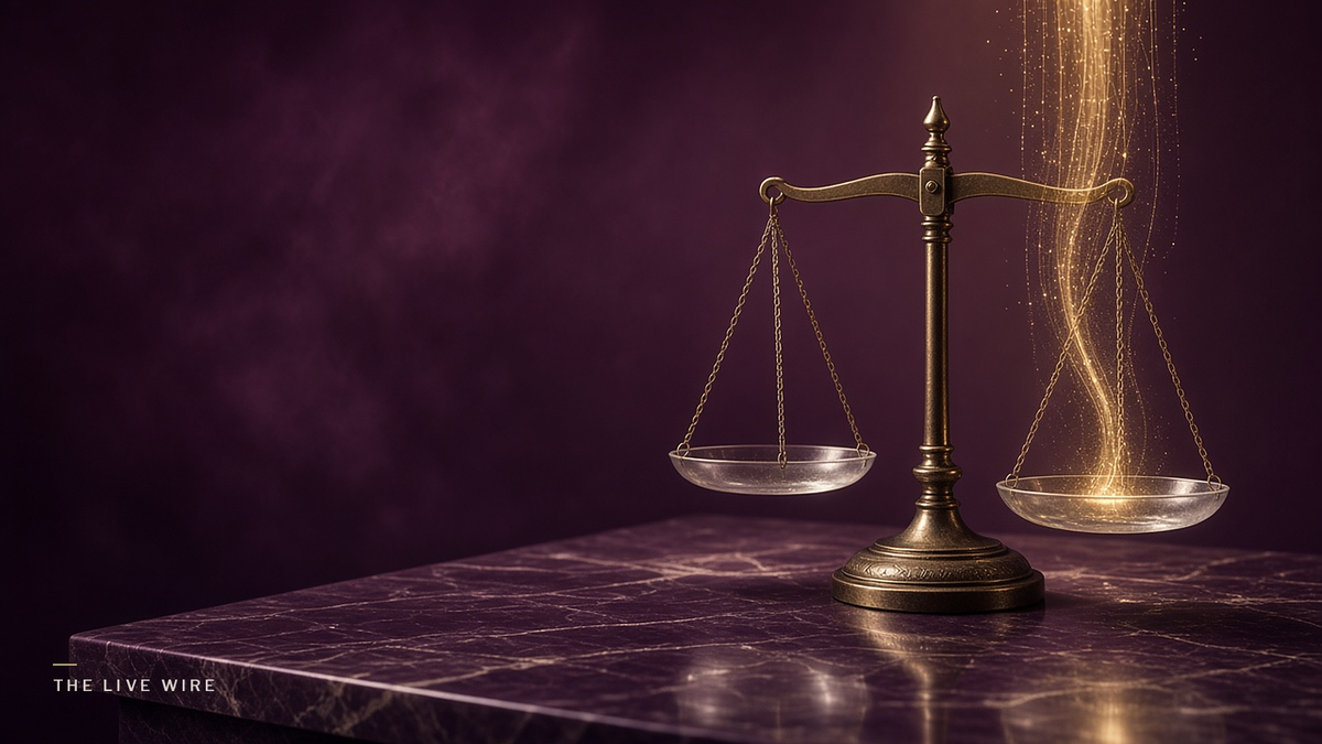 A brass balance scale with clear glass pans on plum marble, with streams of gold light flowing down into one pan.