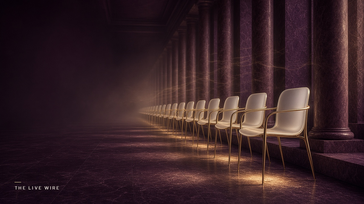 A long row of empty cream and gold chairs runs down a plum stone colonnade and fades into haze.