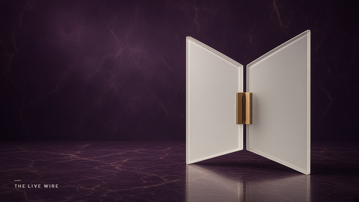 Two thin frosted off-white glass panes joined by a slim gold hinge stand half open on plum marble, lit by soft gold light.