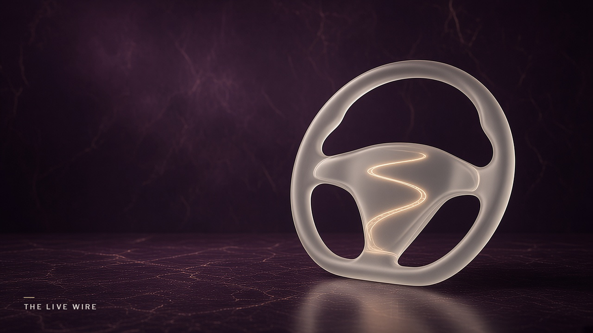 A frosted off-white glass steering wheel stands on plum marble, with a thin ribbon of gold light winding through its center like a road.
