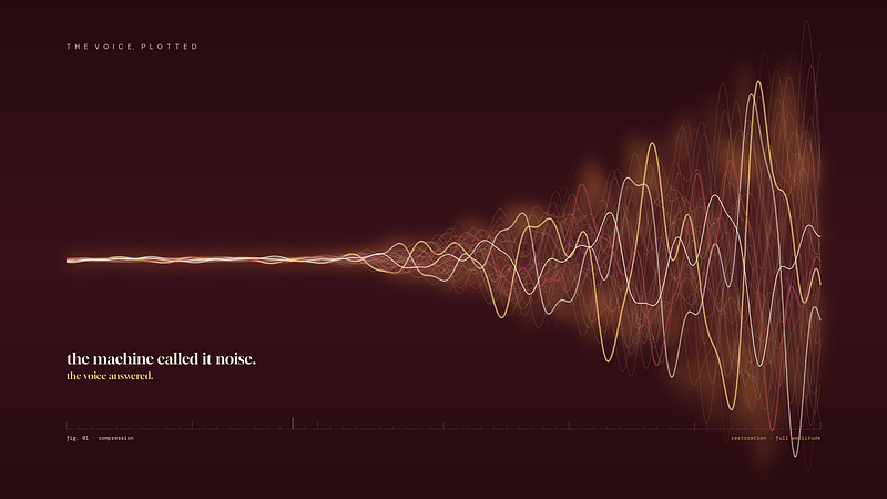 A sound wave plotted on a deep wine-dark background begins as a single thin flat line, then blooms into full layered waves of