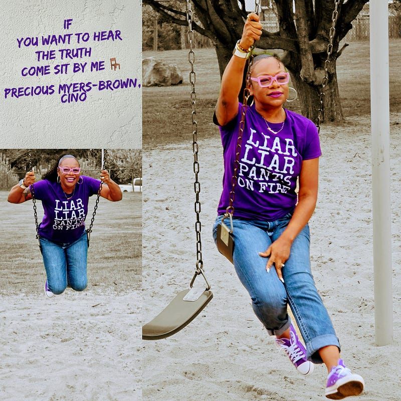 Woman of color with purple glasses, purple converse sneakers, blue jeans, and a purple shirt with the words “liar liar pants