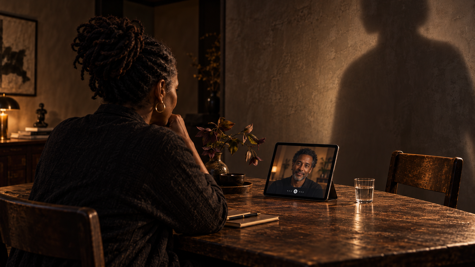 AI-generated editorial image: a woman seen over her shoulder faces a male avatar on a tablet, while a giant humanlike shadow looms on the wall behind it.