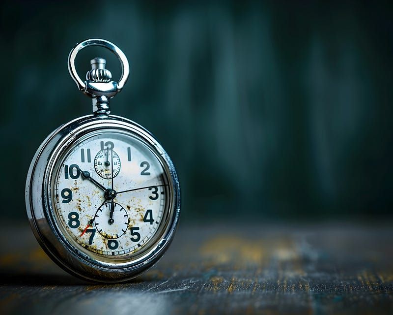 A vintage silver pocket watch with a tarnished and slightly rusted face sits on a textured wooden surface. The watch hands in