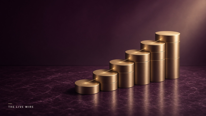 Plain gold discs stacked in columns that rise step by step across plum stone, with a thin line of light along their tops.