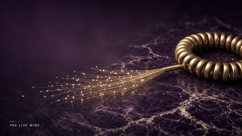 A coiled gold telephone cord on plum marble unwinds into a spray of fiber optic strands with points of light at their tips.