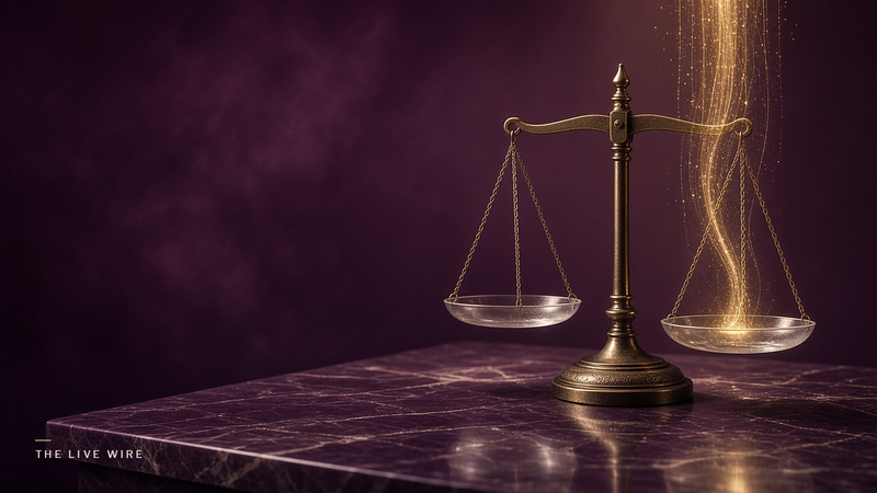 A brass balance scale with clear glass pans on plum marble, with streams of gold light flowing down into one pan.