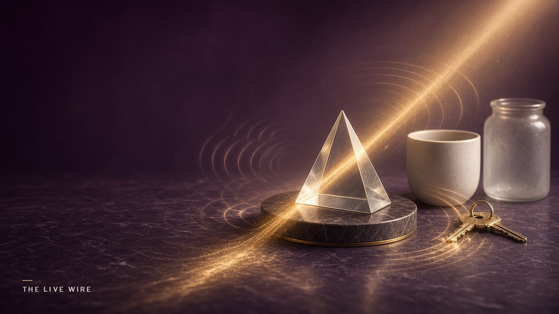 A crystal prism sends a gold beam across a table toward a cup, a glass jar and a set of keys, with soft rings of light like sound waves around them.
