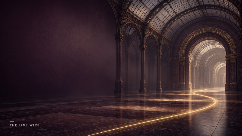 An empty, arched iron-and-glass station hall where a glowing gold line on the polished floor leads toward a lit archway.