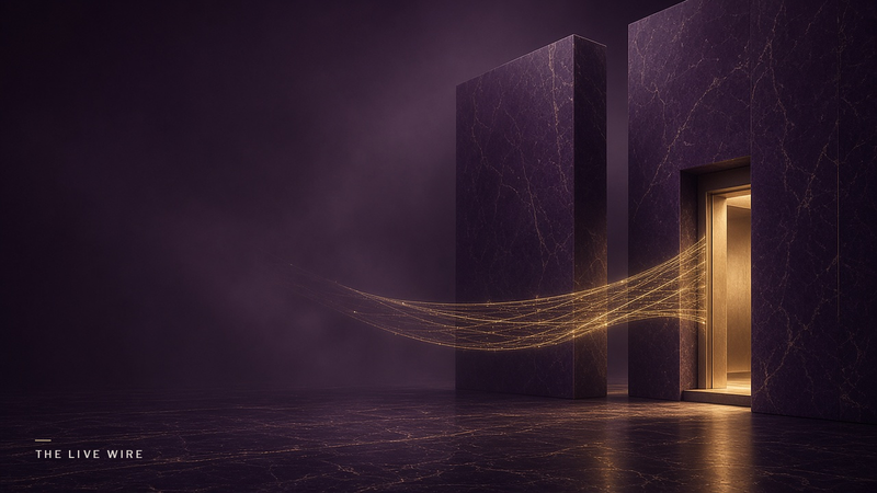 Strands of gold light stretch across the gap between two tall plum stone blocks toward a warmly lit doorway.