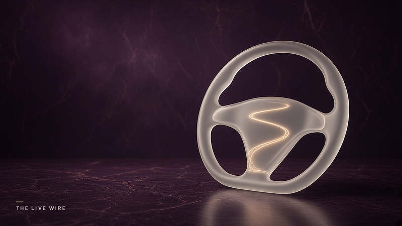 A frosted off-white glass steering wheel stands on plum marble, with a thin ribbon of gold light winding through its center like a road.