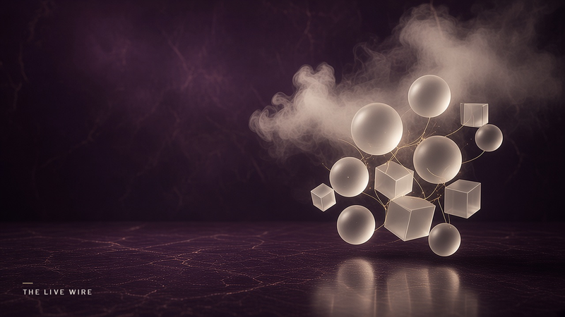 Frosted glass spheres and cubes float above plum marble beneath a soft ivory cloud, joined to it by fine threads of gold light.