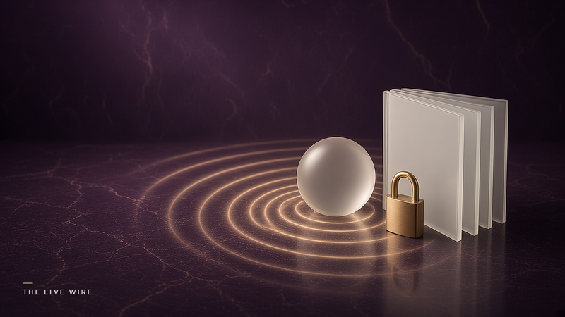 Rings of gold light ripple out like sound waves from a frosted glass orb on plum marble, beside a fanned stack of blank glass panels and a small gold padlock.