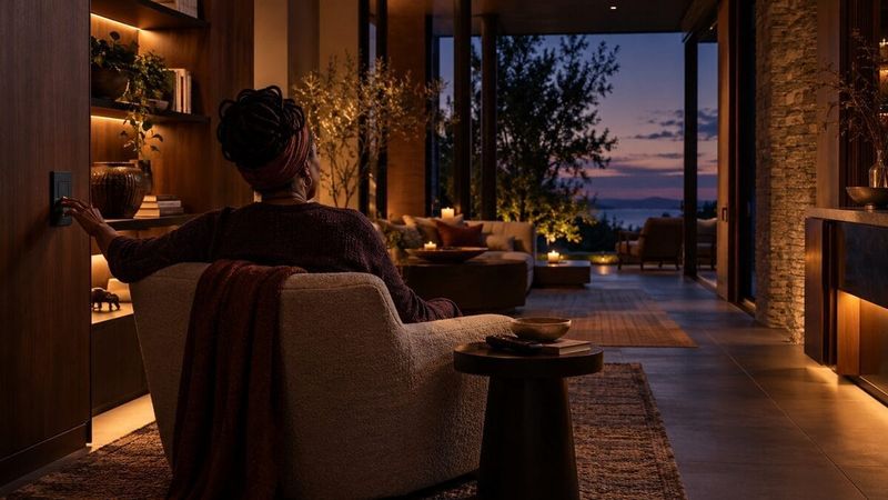 A Black woman uses a reachable wall control from her chair in a warmly lit home designed around her choices