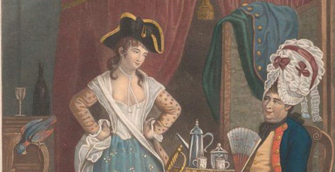 We've got PEAK Georgian gender fuckery here! One fabulous soul serving masculine-coded realness while their companion is absolutely LIVING for that full feminine fantasy - wigs, gowns, the works! Pure molly house ICONIQUE behavior, sweetie!