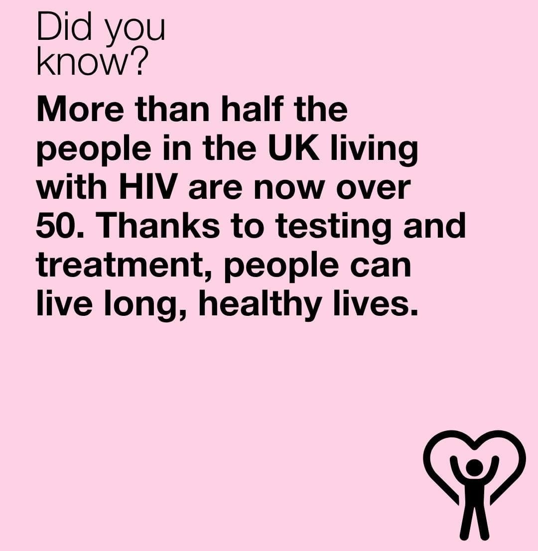 Pink infographic stating "Did you know? More than half the people in the UK living with HIV are now over 50. Thanks to testing and treatment, people can live long, healthy lives."