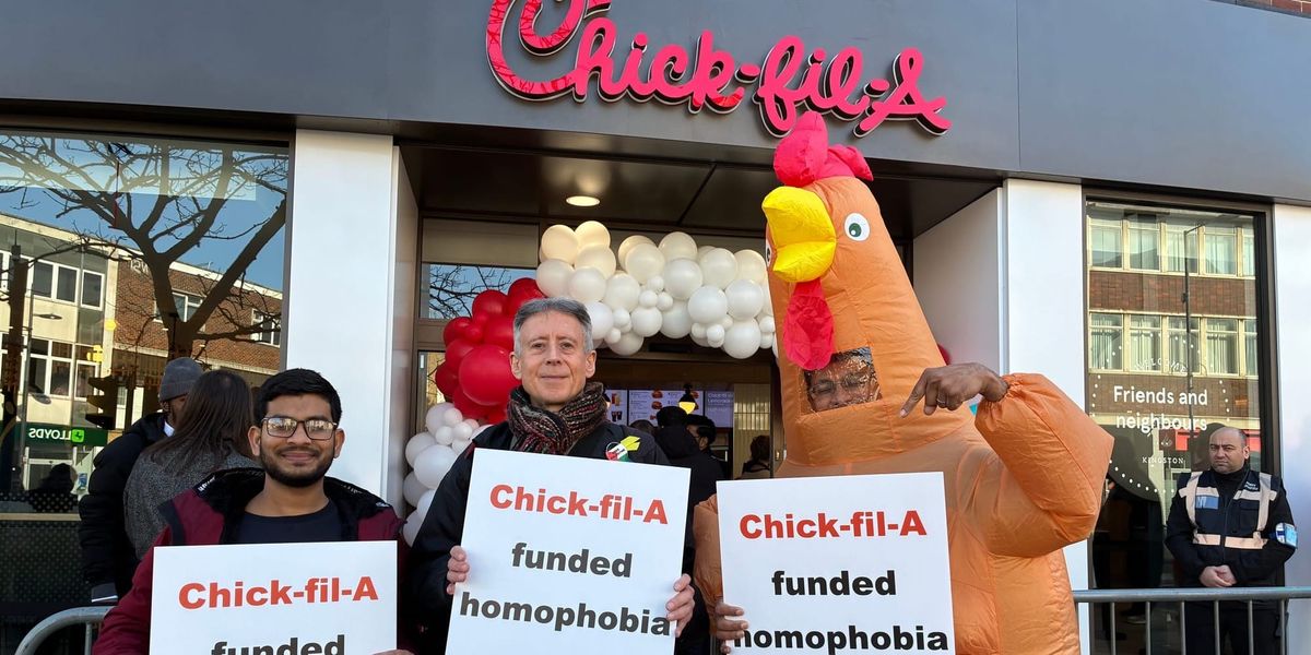 Peter Tatchell leads protest at Chick-fil-A's first London restaurant - "it has funded anti-LGBTQ+ campaigns."