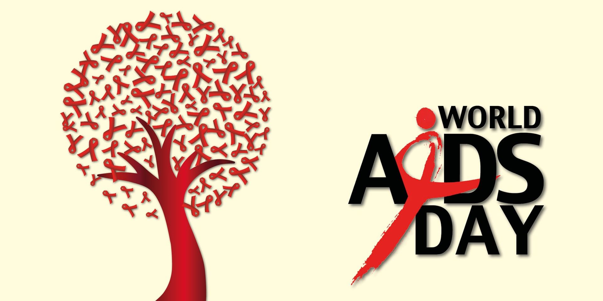 World AIDS Day graphic featuring a red tree with ribbon-shaped leaves on the left and "WORLD AIDS DAY" text with red awareness ribbon on cream background.