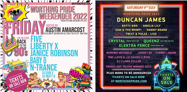 Worthing Pride to return in 2022 with Duncan James, Five, Liberty X, N-Trance and Betty Boo
