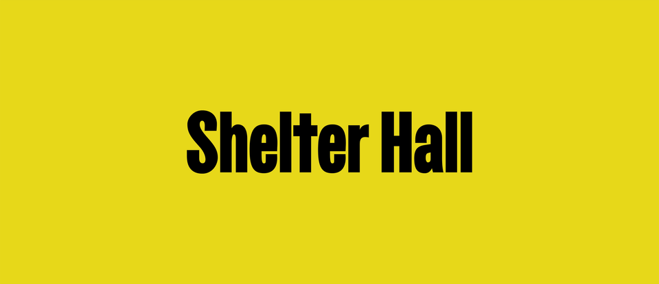 Shelter Hall logo on a yellow background