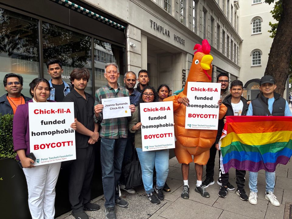 Peter Tatchell Foundation pickets "secret" UK HQ of "homophobic" fast-food giant Chick-fil-A