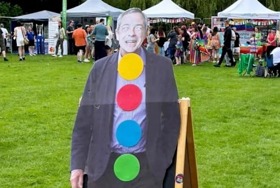 Nigel Farage milkshaken after Chesterfield Pride urges punters to “toss a milkshake” at a cardboard cutout of the Reform UK leader