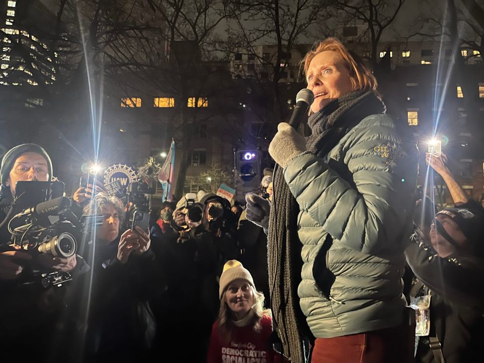 Cynthia Nixon stands up for trans kids at trans rights protest after New York hospital cancels appointments for trans kids scheduled receive puberty blockers